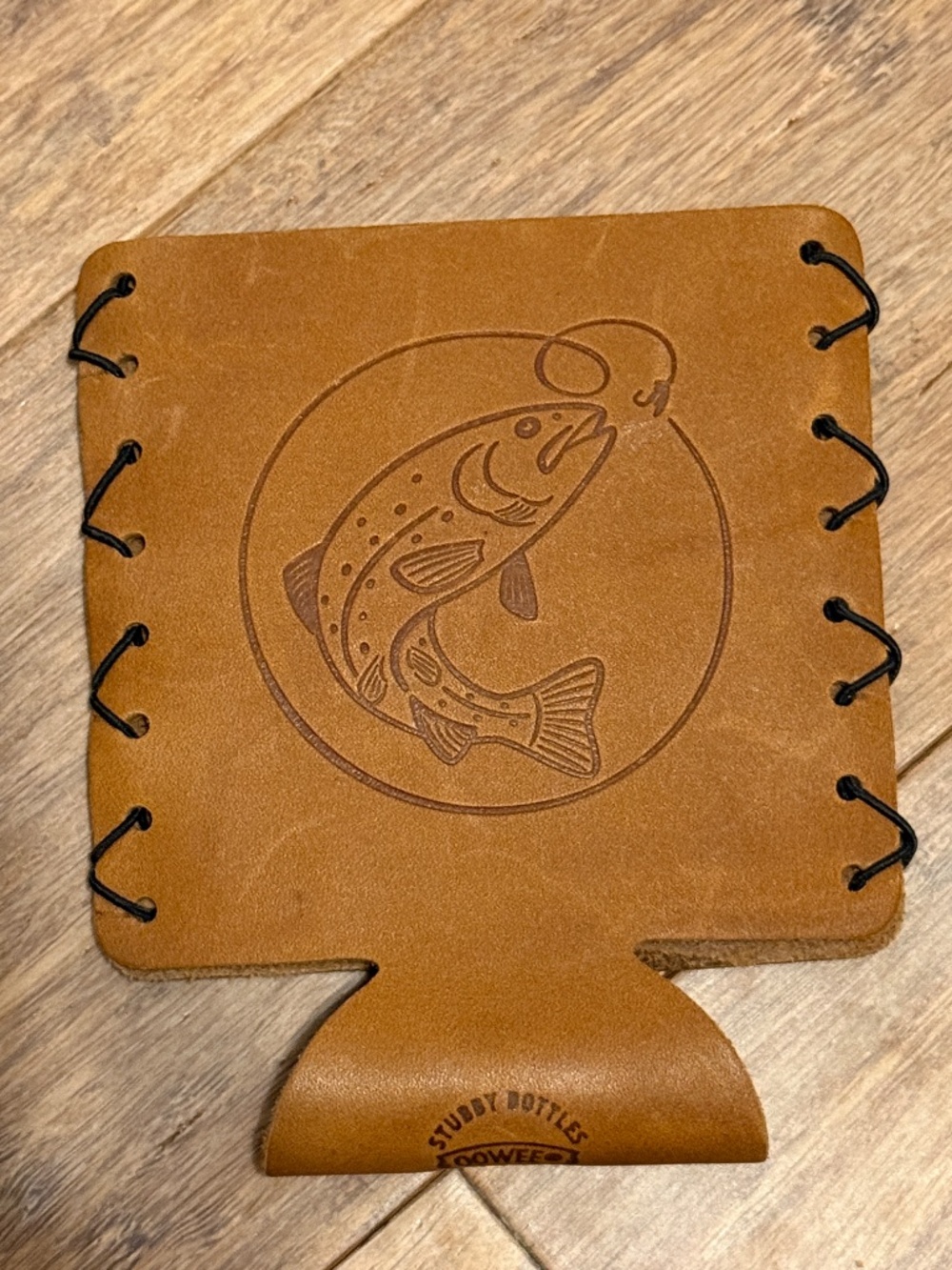 100% Leather, Hand Sewn Fish Hook Koozie, Made in USA by Oowee